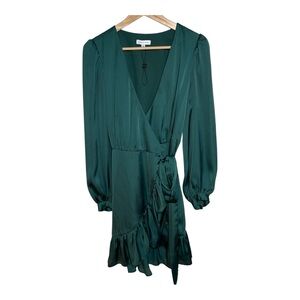Gianni Bini Emerald Green Satin Wrap Dress Ruffle Hem Holiday Party XS NWT